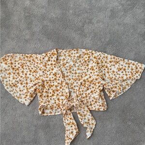 SHEIN Floral Tie-Front Blouse in Cream and Brown